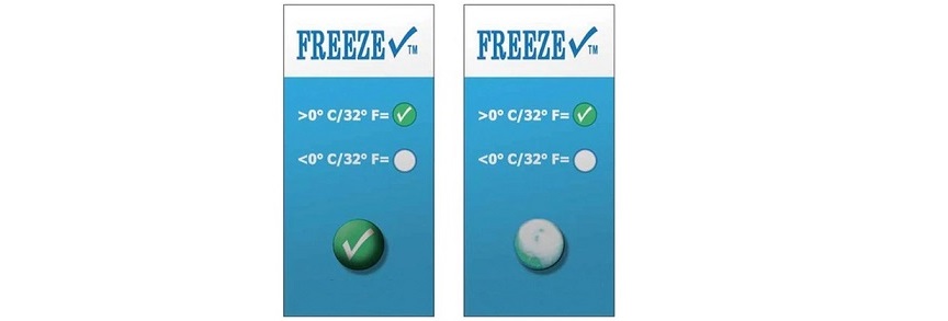 Freeze Check - Irreversible Descending or Freezing Temperature Indicator